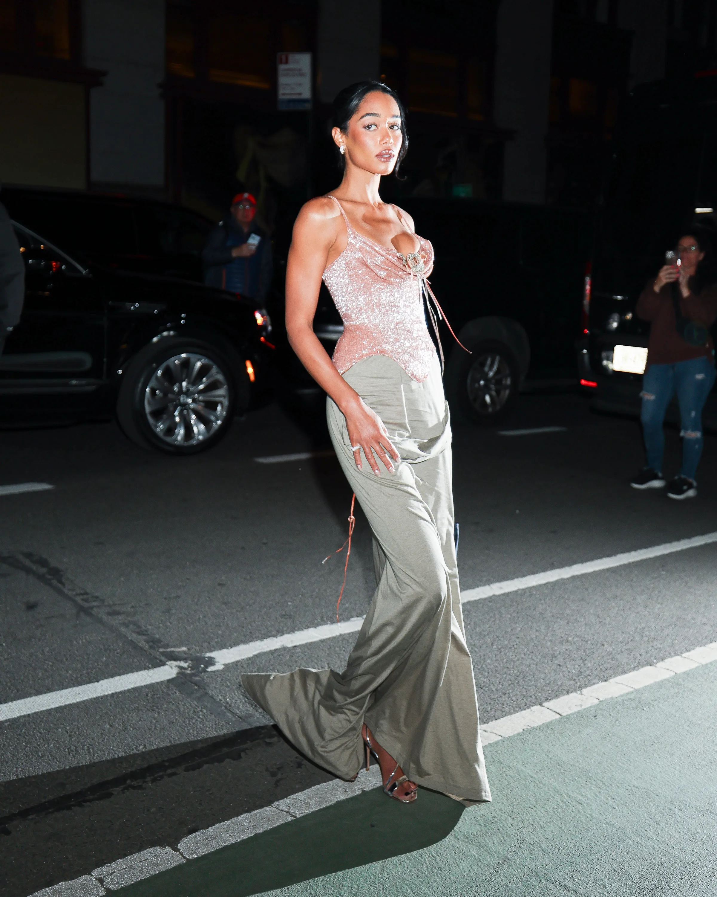 Laura Harrier attends Jeff Bezos' star-studded Pre-Met Gala Celebration in New York.