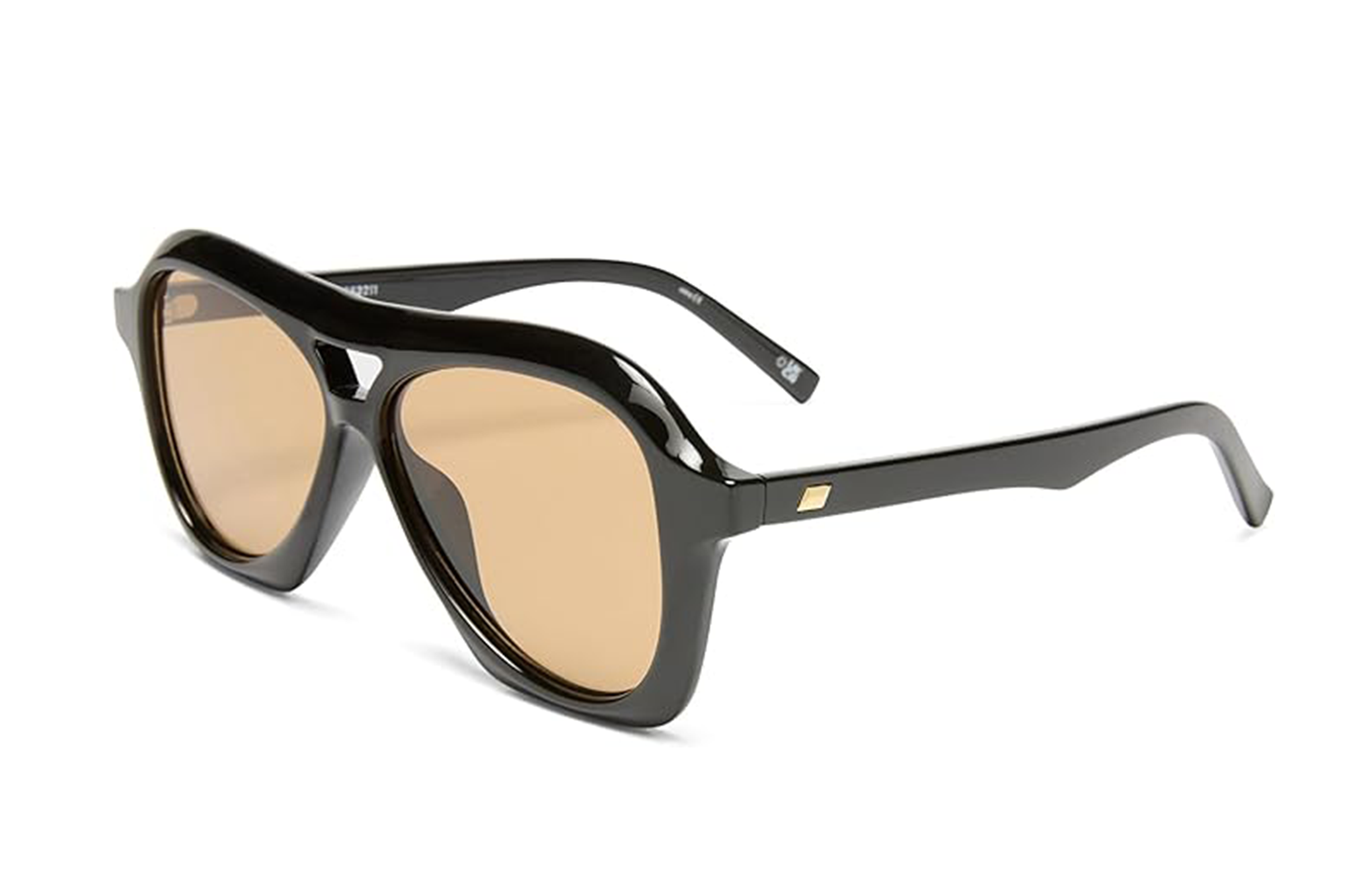 Black aviator-style sunglasses with brown lenses.