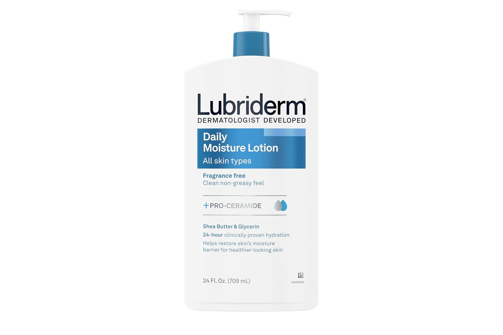 Lubriderm Daily Moisture Lotion for all skin types, fragrance-free, with pro-ceramide, shea butter & glycerin in a 24 fl. oz. bottle.