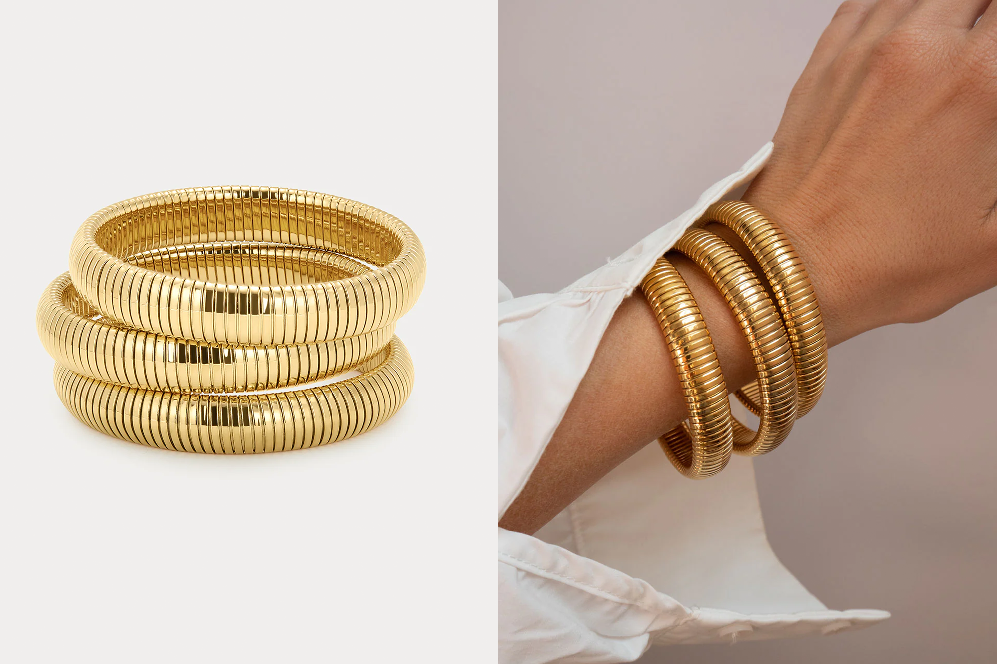 Collage of three gold bangle bracelets. One image shows the bangles stacked on a white surface, and the other shows them worn on a person's wrist.