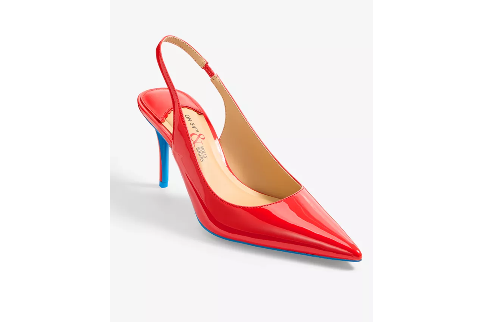 Red patent leather slingback pump with a blue heel and sole.