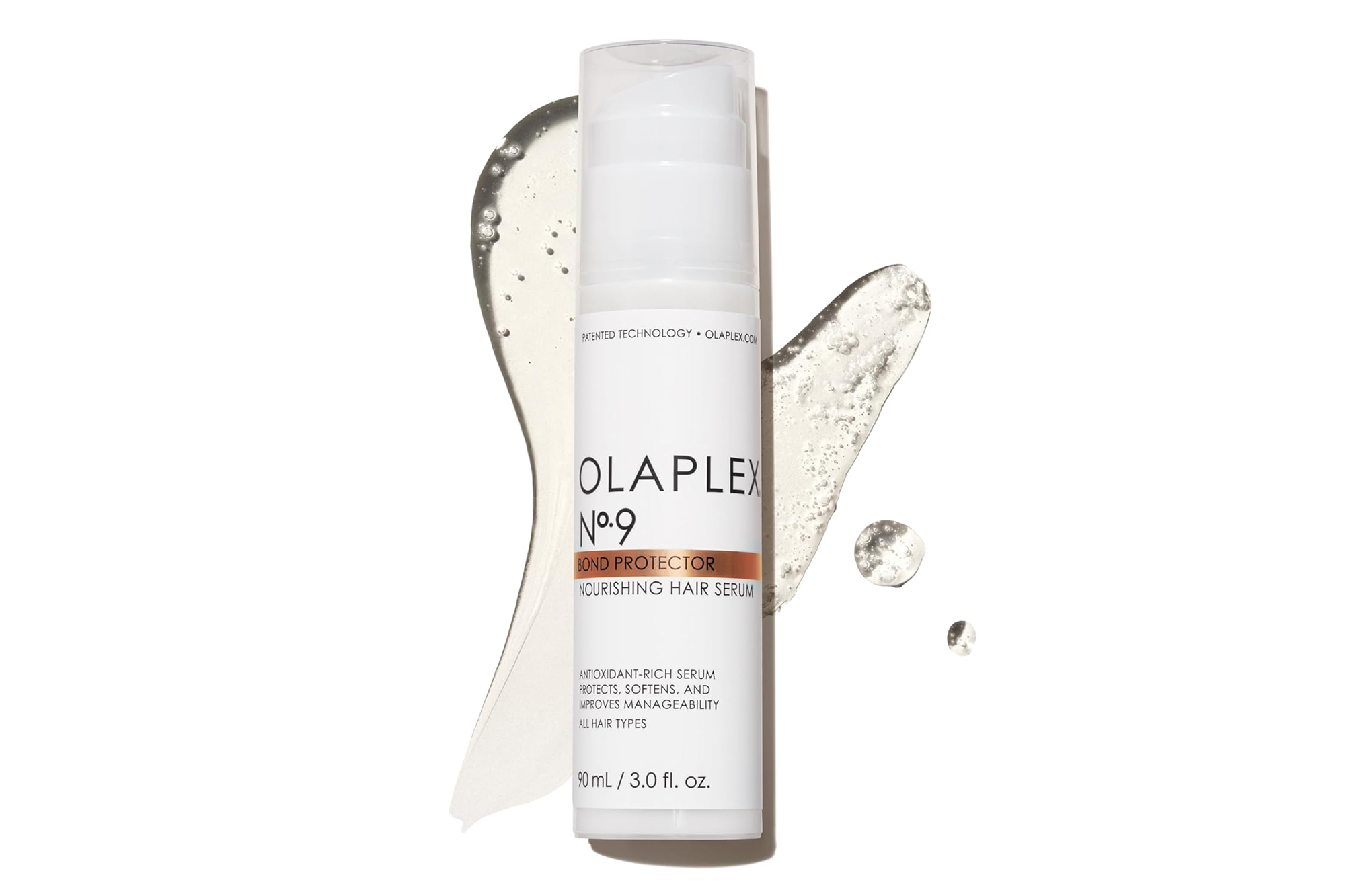 Olaplex No.9 Bond Protector Nourishing Hair Serum bottle with product swatches.
