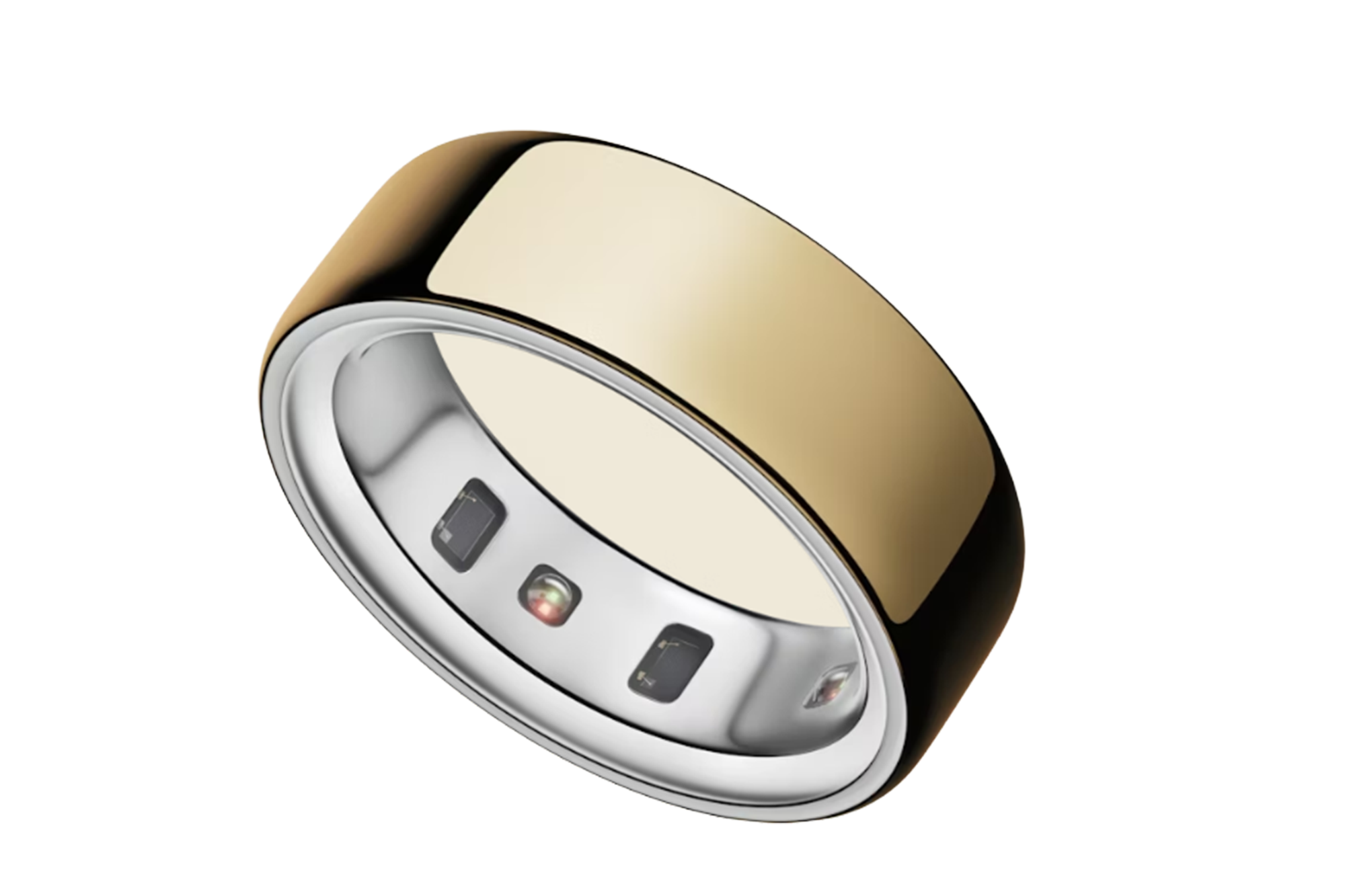 Illustration of a gold and silver smart ring with sensors on the inside.