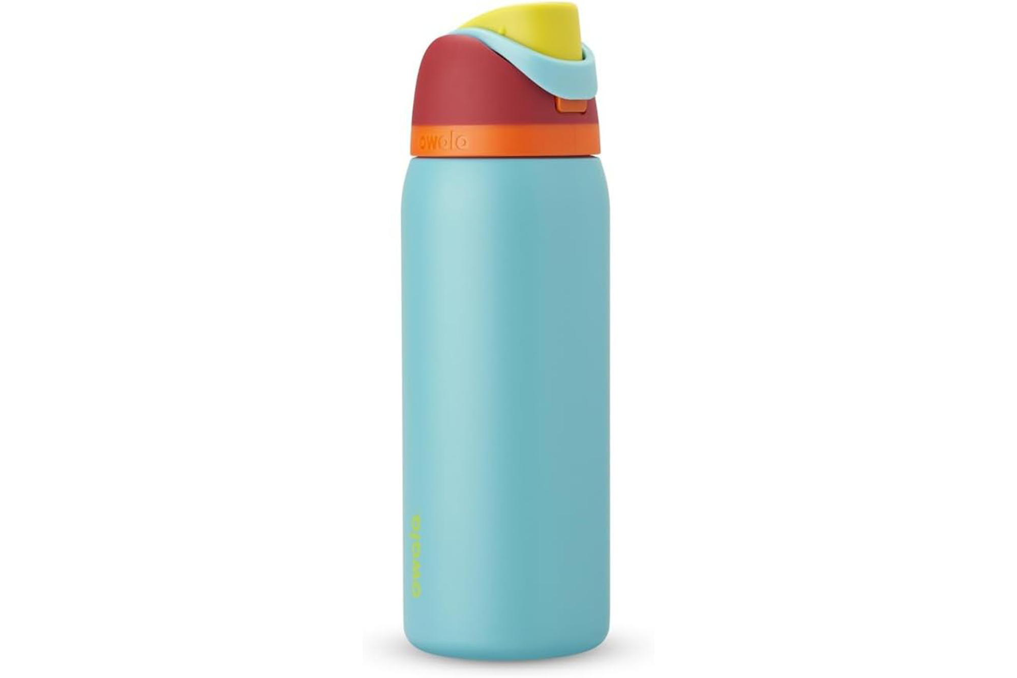 Owala water bottle in teal, red, yellow, and orange.