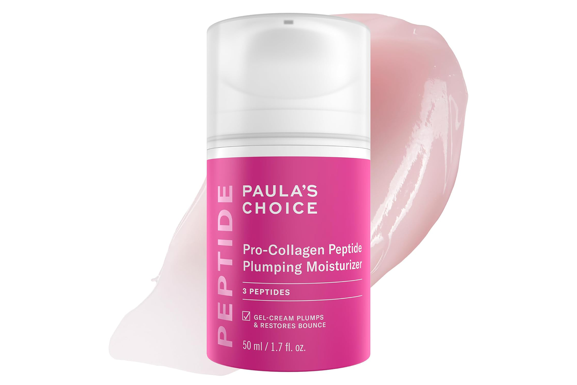 Paula's Choice Pro-Collagen Peptide Plumping Moisturizer in a pink and white bottle with a smear of pink gel-cream.
