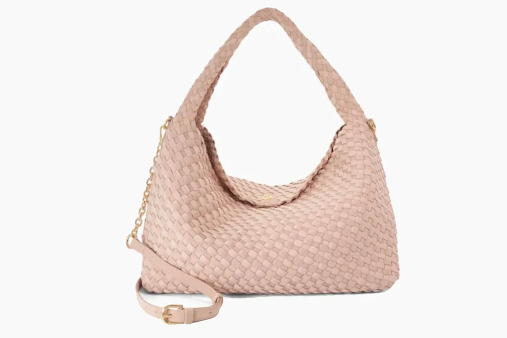 Light pink woven shoulder bag.