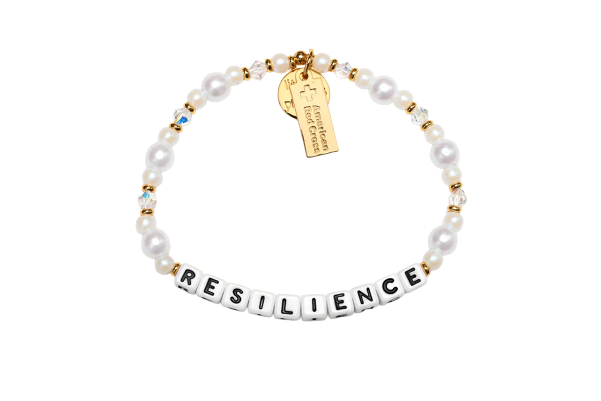 Resilience bracelet made of pearls, golden beads, and block letters spelling "Resilience" with an American Red Cross charm.