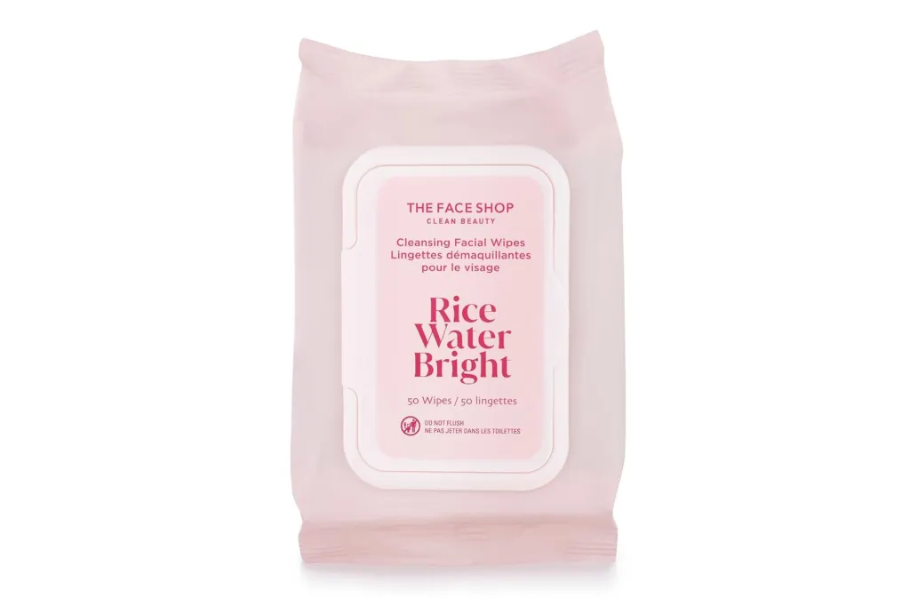 A packet of The Face Shop Rice Water Bright Cleansing Facial Wipes.