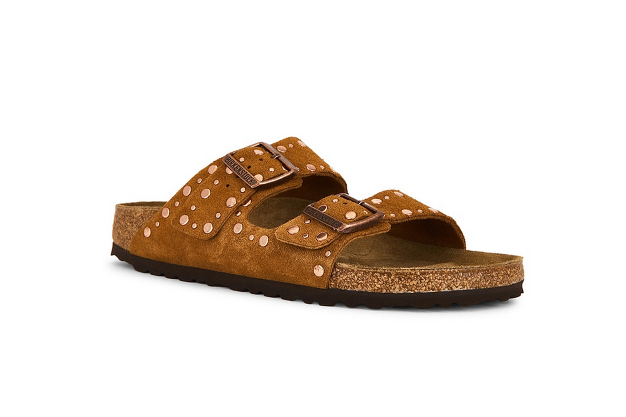 Birkenstock Arizona sandals in brown suede with small gold studs.