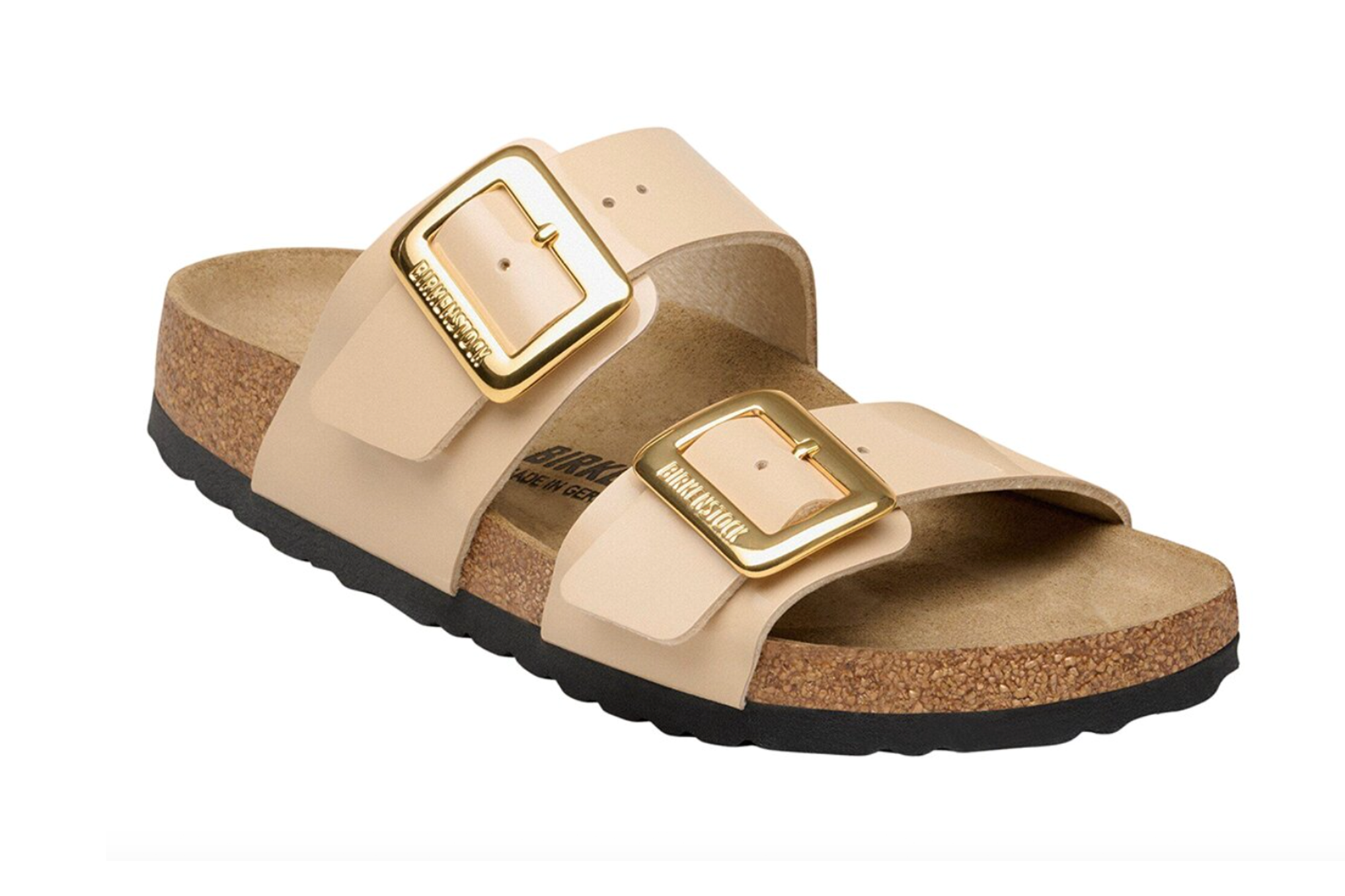 Birkenstock Sidney sandal in light pink with gold buckles.