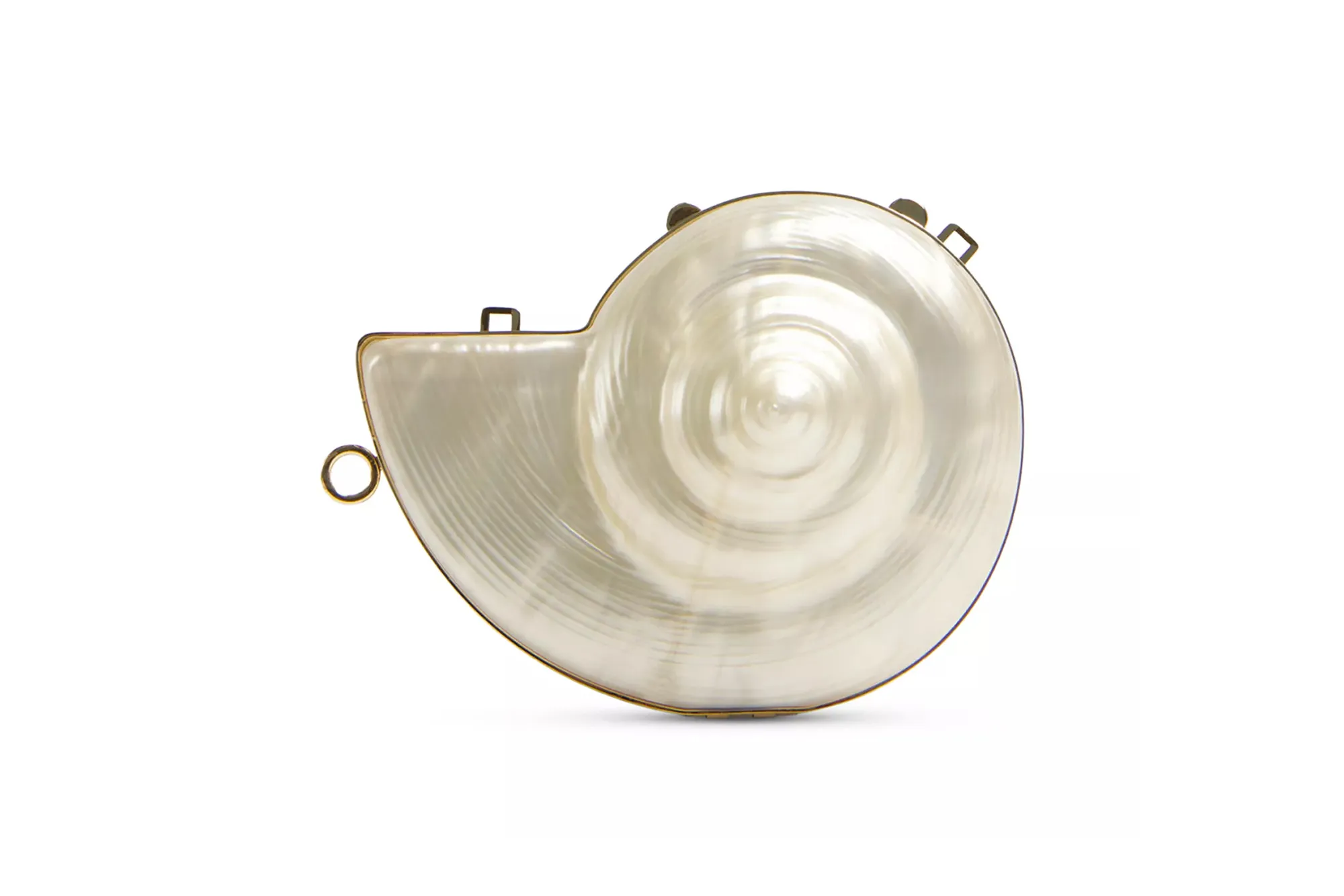 White mother-of-pearl shell-shaped clutch with gold trim.