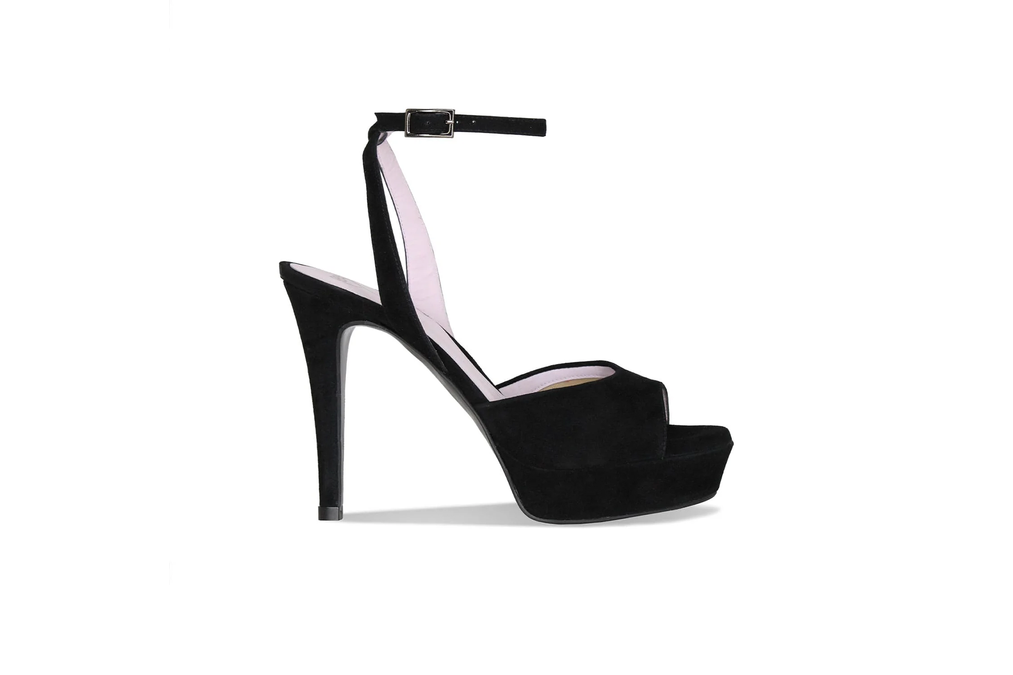 Black high-heeled platform sandal with ankle strap.