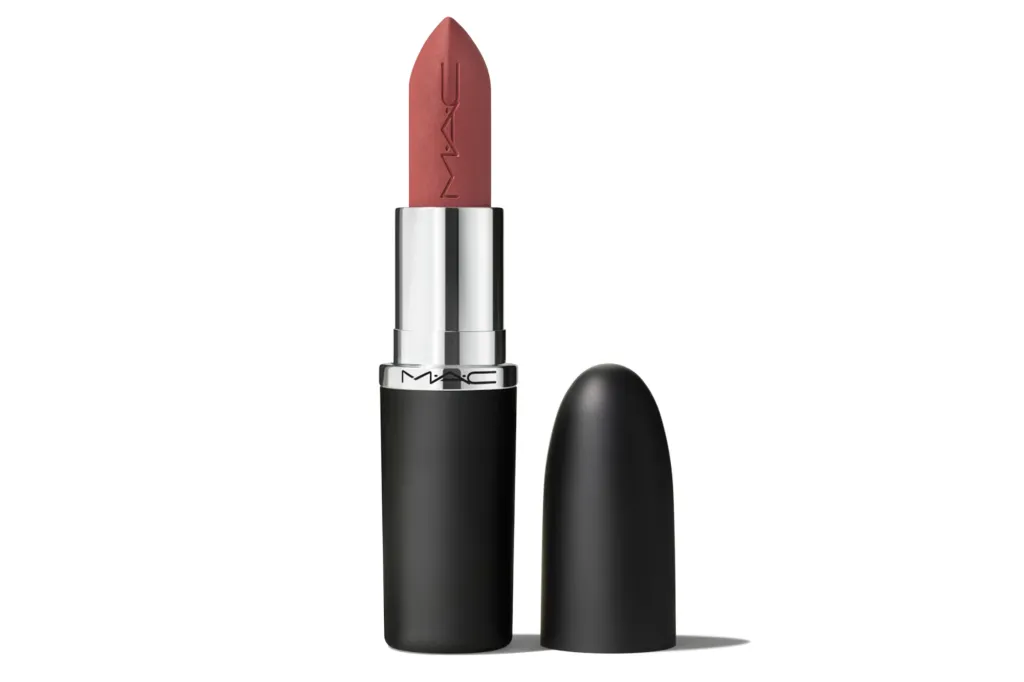 MAC Velvet Teddy lipstick in an open tube with the cap beside it.
